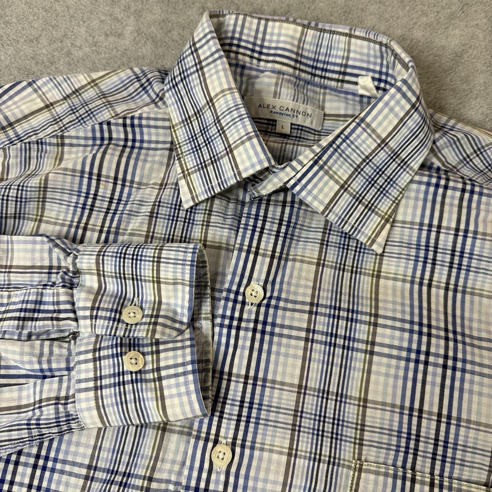 Alex Cannon Large‎ Plaid Button Down Shirt Blue White Long Sleeve 100% Cotton